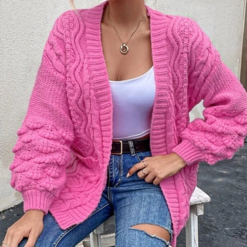 Open Front Pocketed Cable Knit Sweater Duster Cardigan Pink - Picture 3 of 6